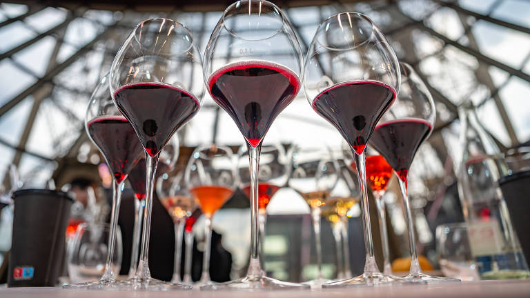 Taças de vinhos lambrusco na sala de degustação da Torre Eiffel 