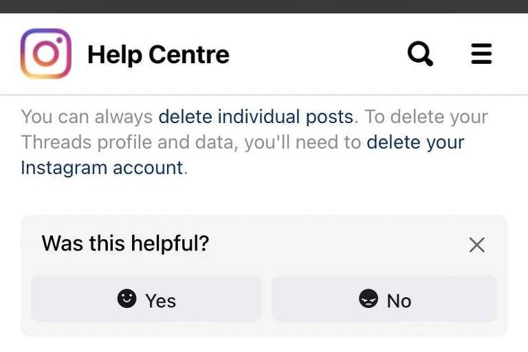 Central de ajuda do Threads informa que deletar o perfil do Threads e os dados nele armazenados requer excluir a conta no Instagram. Página tem logo do Instagram, ícone de busca e de mais opções na parte inferior. Na parte inferior, uma questão: Isso foi útil? "Sim" ou "Não".