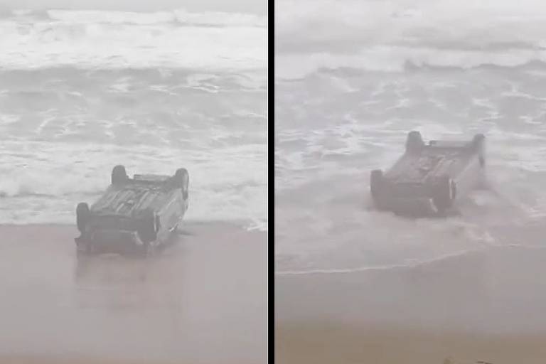 Carro capotado na praia de Ipitanga, em Lauro de Freitas