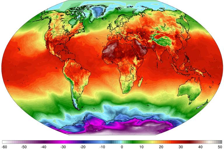 Mapa mostra em uma escala de cores as temperaturas de cada lugar do planeta; vermelho indica calor e cores azuladas, frio