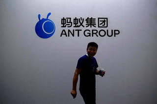 FILE PHOTO: Ant Group sign is seen at the World Artificial Intelligence Conference (WAIC) in Shanghai
