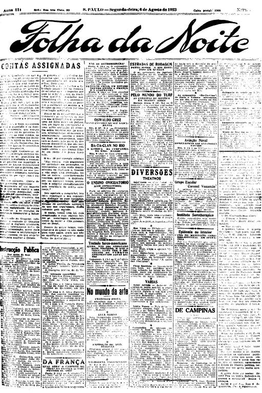 Primeira Página da Folha da Noite de 6 de agosto de 1923