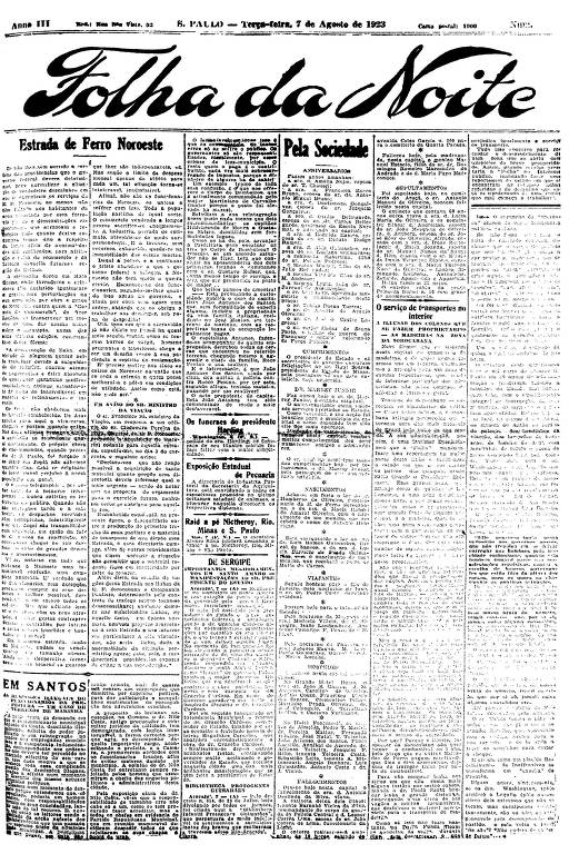 Primeira Página da Folha da Noite de 7 de agosto de 1923