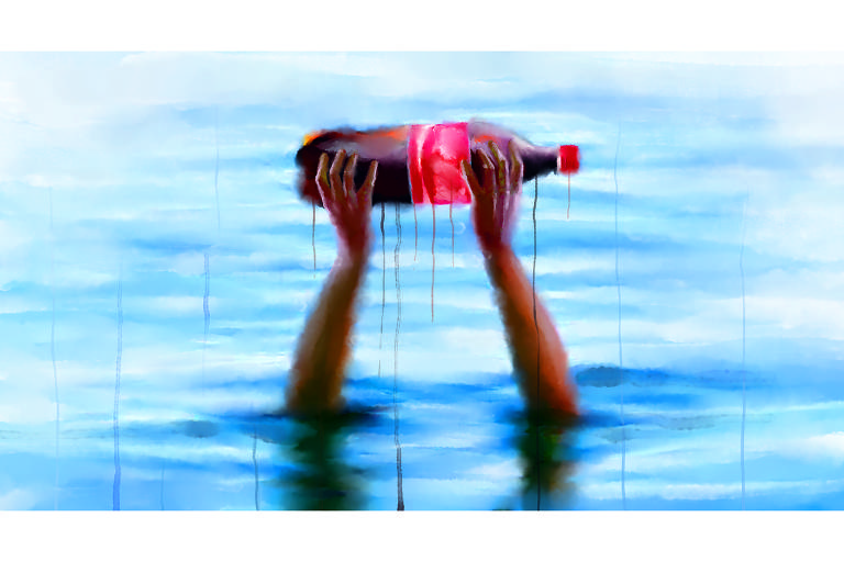 A ilustração de Adams Carvalho, publicada na Folha de São Paulo no dia 9 de Julho de 2023, mostra a pintura de uma garrafa de refrigerante sendo carregada por duas mãos saindo de um mar.