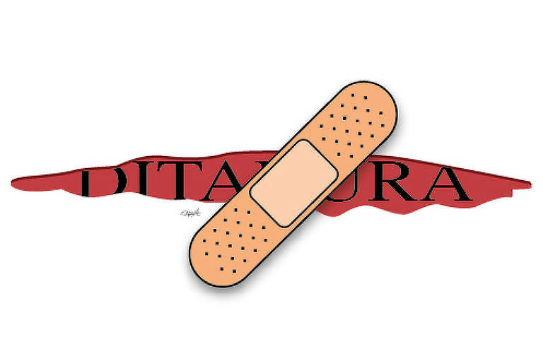 Um band-aid tenta fechar uma ferida aberta onde se lê a palavra "ditadura"