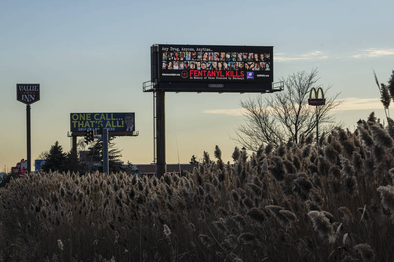 Ao fundo, é visto outdoor com a mensagem 'fentanil mata' em rodovia interestadual em Wisconsin; no plano da frente é possível ver vegetação

