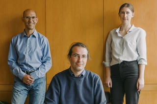 From left, Jeremy Avigad, Patrick Massot and Heather Macbeth during the Formalization of Mathematics summer school at the Simons Laufer Mathematical Sciences Institute in Berkeley, Calif. on June 14, 2023. (Ian C. Bates/The New York Times)