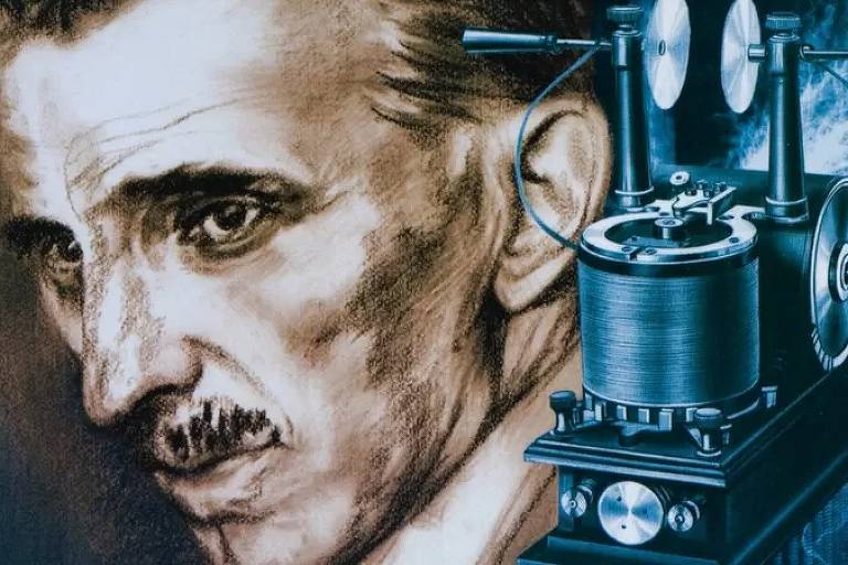 reprodução de desenho de nikola tesla e a bobina, uma de suas invenções