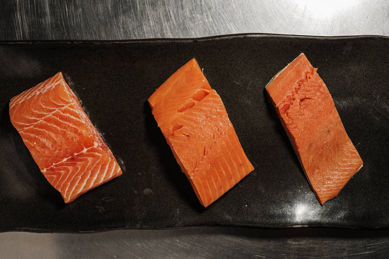 Da esquerda para direita, o salmão do Atlântico, mais indicado para preparos crus ou rapidamente finalizados no azeite; salmão Coho, que perde brilho e textura ao ser descongelado, mas ainda funciona bem como sashimi; e o salmão selvagem do Alasca, que fica melhor ao ir direto do freezer para a frigideira