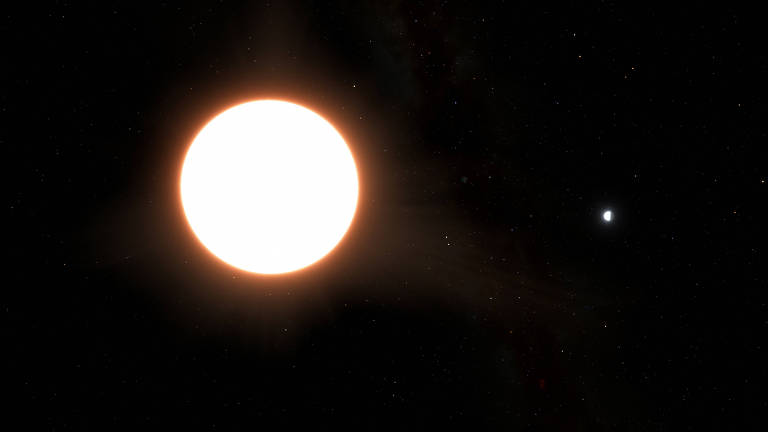 Representação artística do exoplaneta LTT9779b orbitando sua estrela hospedeira, localizada a 264 anos-luz da Terra; o planeta tem aproximadamente o tamanho de Netuno e reflete 80% da luz que incide sobre ele