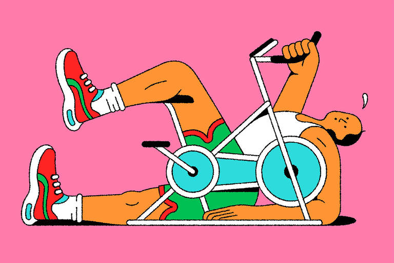 Ilustração de uma pessoa deitada ao lado de uma bicicleta ergometrica com a perna sobre o banco e segurando um lado do guidão. Fundo rosa 