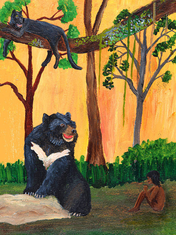 menino negro sentado no chão da selva, rodeado por urso preto e tigre em cima de galho, numa pintura com fundo amarelo