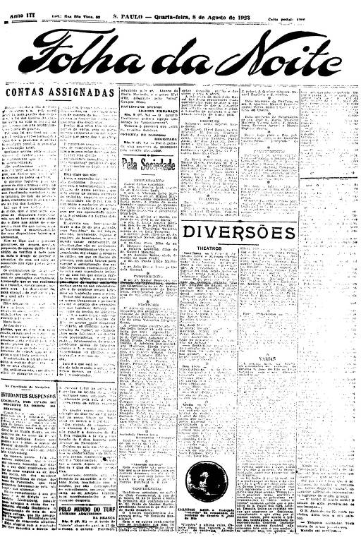 Primeira Página da Folha da Noite de 8 de agosto de 1923