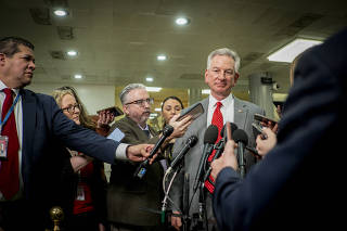 Sen. Tommy Tuberville (R-Ala.) speaks to the media following a classified briefing about the shooting down of unidentified airborne objects over U.S. airspace, in Washington, on Feb. 14, 2023. (Pete Marovich/The New York Times)