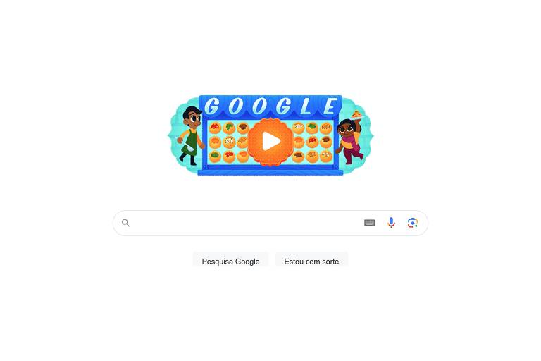 Página inicial do Google com logotipo inspirado no pani puri, bolinho redondo consumido principalmente na Índia