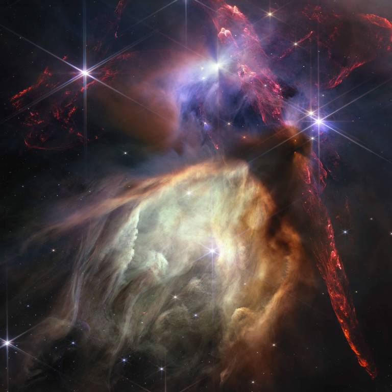Imagem feita pelo Telescópio James Webb do complexo de nuvens de Rho Ophiuchi, nebulosa localizada a 390 anos-luz da Terra, na constelação do Ofiúco