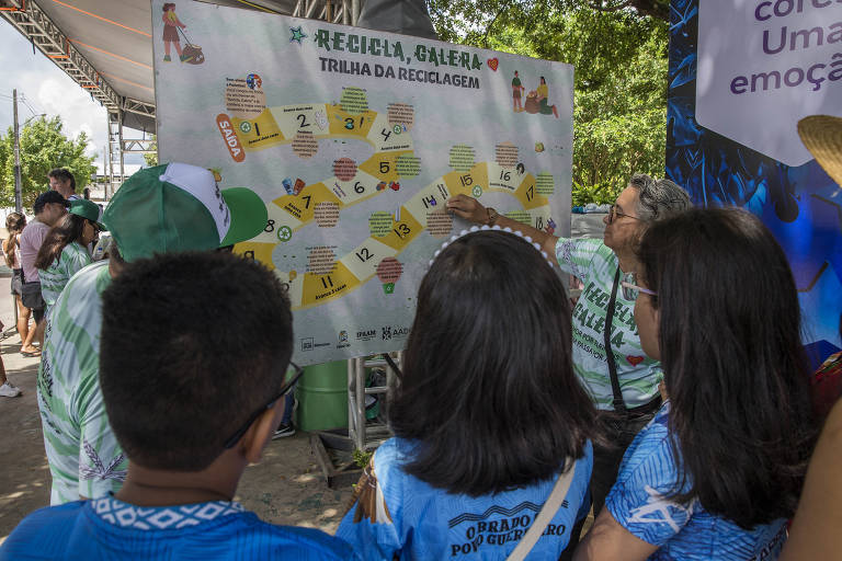 Três crianças aparecem de costas, observando um dos painéis educativos do projeto "Recicla, Galera".