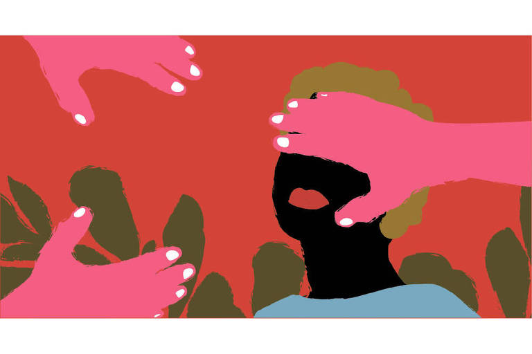Ilustração de fundo vermelho, com um rosto negro, de batom vermelho e cabelos cacheados, que aparece com os olhos cobertos por uma mão de tom rosa.