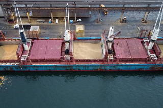 FILE PHOTO: Bulk Carrier 'Discoverer' unloads U.S. soybeans at the port of Paranagua