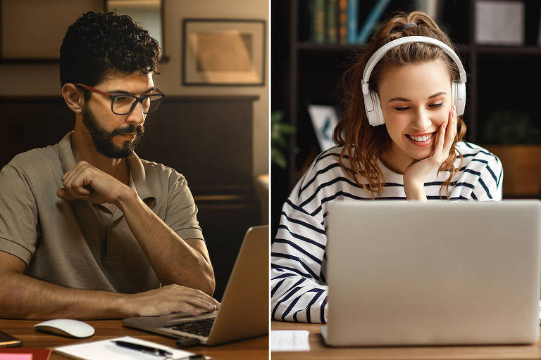 Montagem de duas fotografias coloridas; à esquerda, um homem de barba e óculos sério diante de um laptop e à direita uma jovem sorri diante do laptop