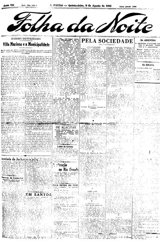 Primeira Página da Folha da Noite de 9 de agosto de 1923