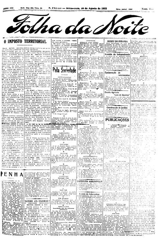 Primeira Página da Folha da Noite de 10 de agosto de 1923