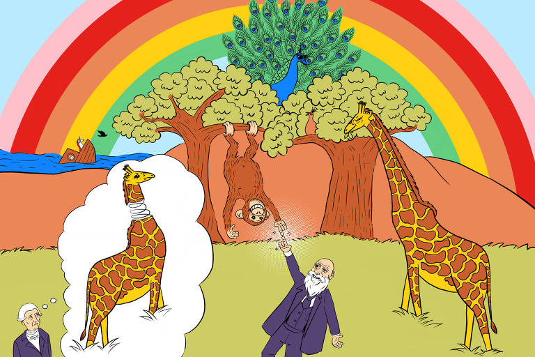 Ilustração mostra floresta com arco-íris ao fundo, campo verde e montanhas. Ao centro, Darwin encosta dedo com chimpanzé que está pendurado em árvore. Ao seu lado há uma girafa comendo folha da árvore, do lado esquerdo, Lamarck imagina uma girafa com mola no pescoço. Sobre a árvore, hea um pavão com óculos escuros, uma pavoa olha pra ele, com coração nos olhos. Bem ao fundo, a esquerda, v-se a arca de Noé afundando. Na janela há Noé, na frente do navio, um unicórnio chorando.