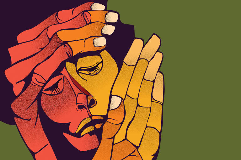 ilustração em verde, amarelo e vermelho mostra pessoa melancólica com as mãos abertas escondendo o rosto
