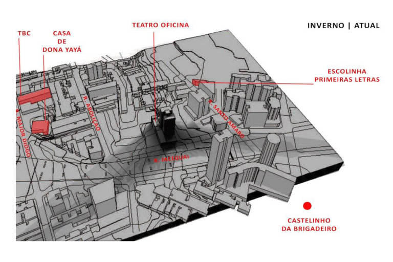Desenho em 3D do Bexiga sem as três torres no terreno pertencente ao Grupo Silvio Santos, no entorno do Teatro Oficina, na região central de São Paulo