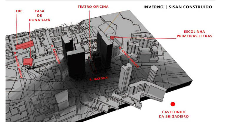 Projeção das três torres propostas pelo Grupo Silvio Santos no Bexiga, região central de São Paulo. A simulação indica a área de sombra provocada pelos edifícios no entorno do Teatro Oficina, segundo estudo de impacto da arquiteta Anita de Domenico