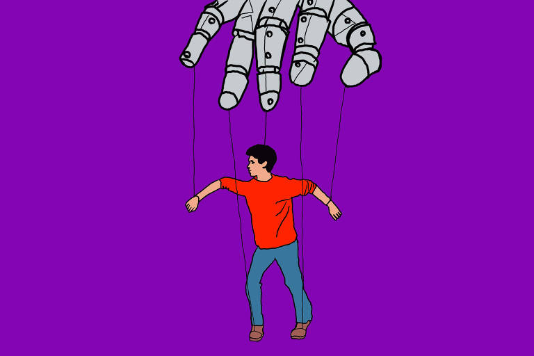 A ilustração de Annette Schwartsman mostra, sob um fundo roxo, uma mão robótica que manipula uma marionete humana, um rapaz de cabelos pretos que usa jeans, camiseta cor de laranja e sapatos marrons
