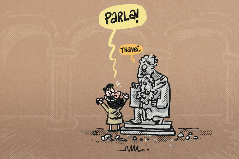 Na cartum de Marcelo Martinez: Michelangelo acabou de esculpir Moisés. Ele olha para a estátua e ordena: "Parla!". Mas a estátua responde "Travei.".