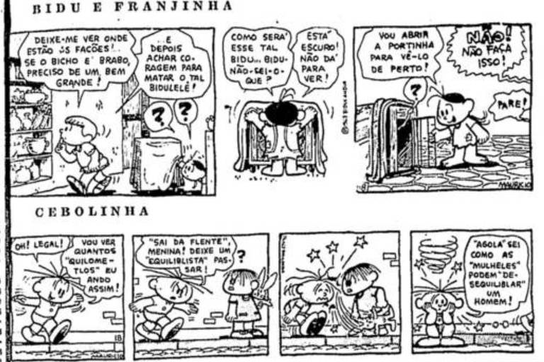Primeira aparição da Mônica, em uma tirinha do Cebolinha publicada por Maurício de Sousa na Folha, em 03 de março de 1963