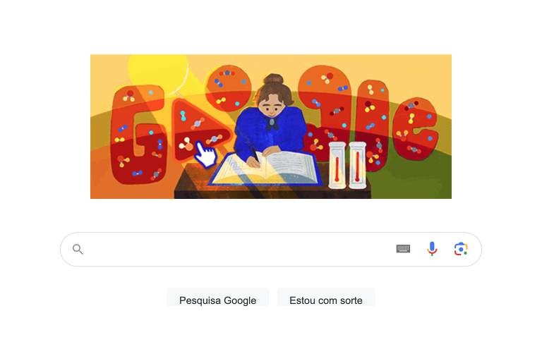 Página inicial do Google com uma ilustração que retrata a cientista Eunice Newton Foote