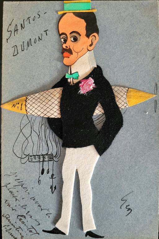 Caricatura do inventor Santos Dumont com seu dirigível em cartão postal enviado em 1904