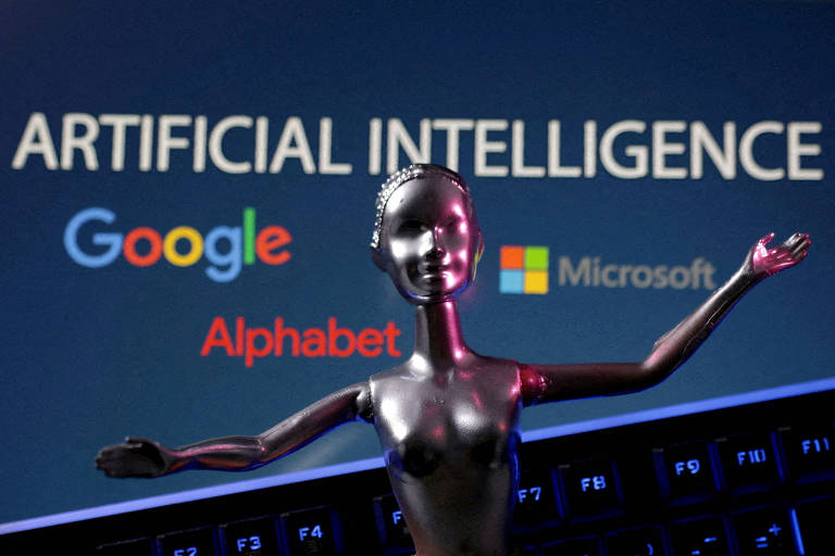 Logos de Alphabet e Micrososft ao lado de boneco que representa inteligncia artificial