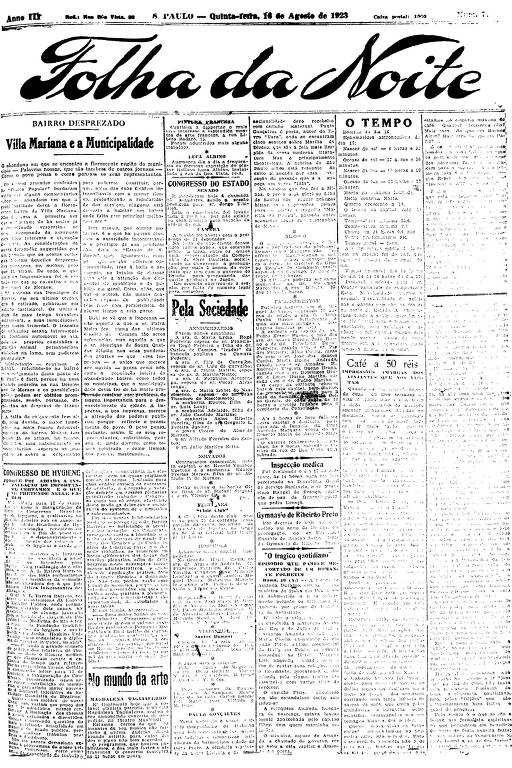Primeira Página da Folha da Noite de 16 de agosto de 1923