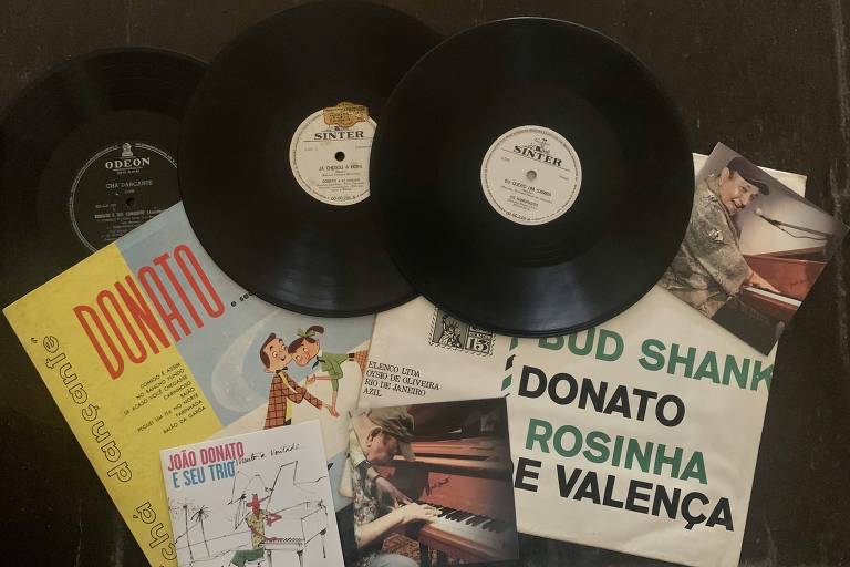 Discos originais de João Donato em 78 r.p.m., LPs de 10 e 12 polegadas e CDs 