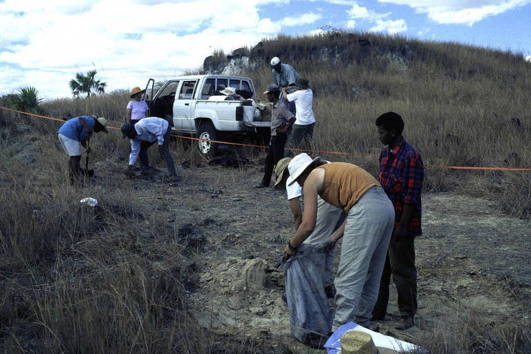 Pesquisadores coletam sedimentos para peneirar e procurar fósseis de 'Ambondro mahabo' em Madagascar, em 1996