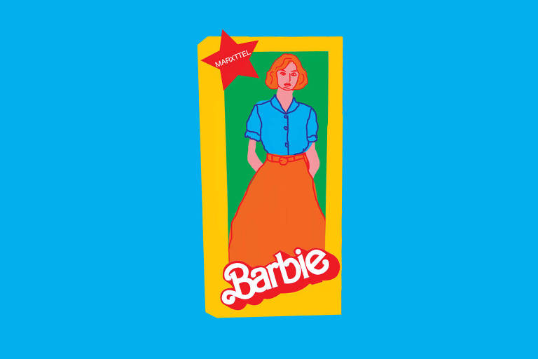 Sobre um fundo azul há uma caixa amarela com uma Barbie vestida com uma camisa azul, uma saia longa laranja e cabelo curto chanel. Na caixa há um logo vermelho da Barbie na cor vemelha e o logo da empresa 'Marxttel' que também é uma estrela na cor vermelha.