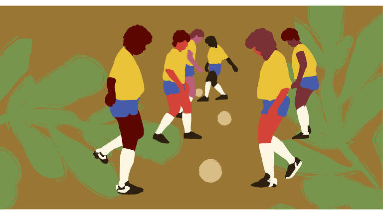 A ilustração tem fundo verde e seis jogadoras de futebol treinando com a bola de futebol. Elas usam o uniforme da seleção brasileira feminina, camisa amarela, bermuda azul meião branco e chuteiras.