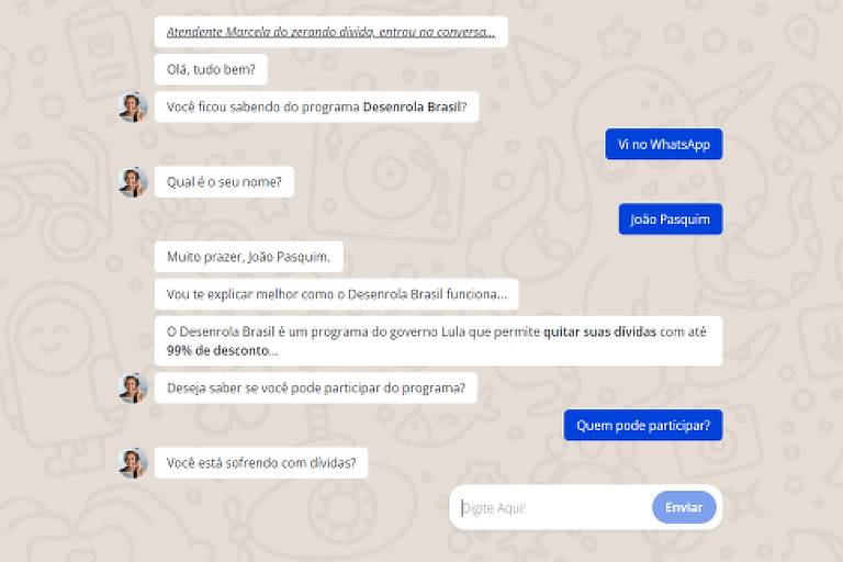 Imagem mostra chatbot fraudulento conversando com uma vítima por aplicativo de mensagem