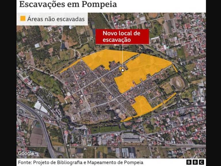 Mapa com ss áreas de escavações em Pompeia destacadas