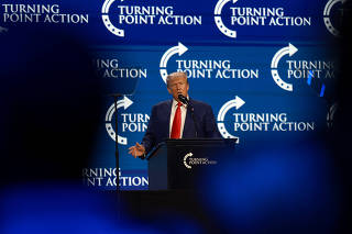 Former President Trump Addresses The Turning Points Action Conference In West Palm Beach, California