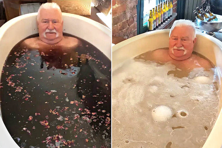 O ex-presidente da Polônia, Lech Walesa, compartilhou imagens nas quais aparece dentro de banheiras repletas de vinho e cerveja em fotos recentes publicadas nas redes sociais.