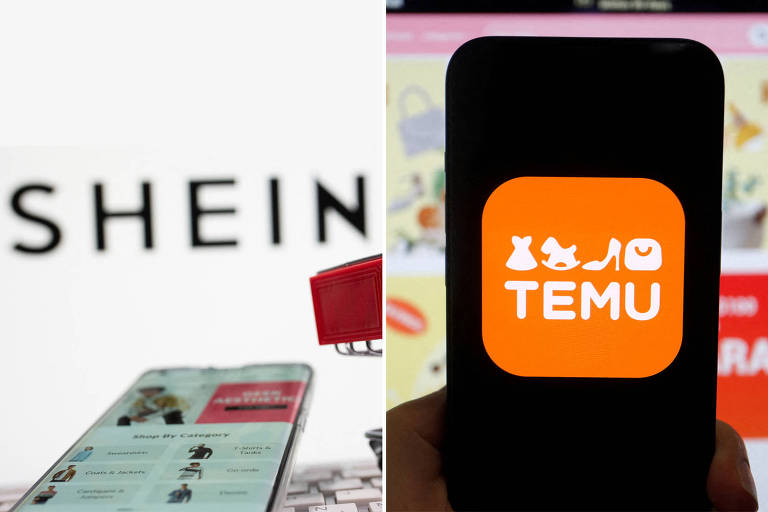 Montagem com imagens dos logotipos da Shein e da Temu