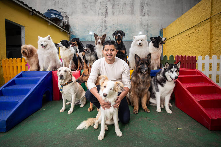 Cleber Conceição dos Santos, dono da Comport Pet, posa para foto com os cachorros que atende; sua empresa tem serviços de creche, adestramento, hotelaria, recreação, banho e tosa e veterinária