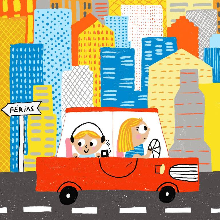 criança dentro de um carro vermelho com a mae ao volant dirigindo voltando pra cidade. fundo de prédios coloridos amarelo azul e laranja