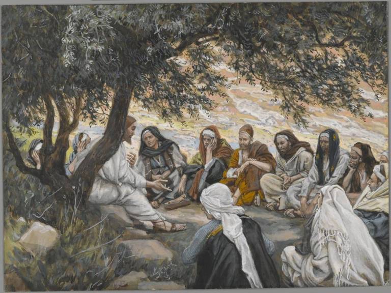 Pintura de James Tissot mostra os apóstolos sentados ao redor de Jesus