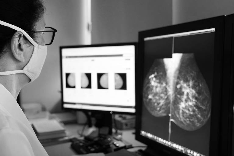 A médica radiologista Sílvia Sabino analisa mamografias na tela de um computador